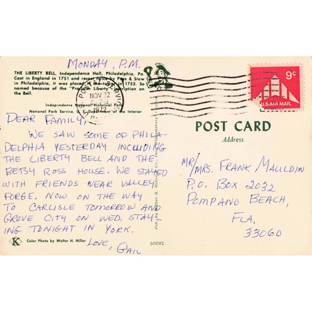 Vintage 1972 Liberty Bell Philadelphia Postcard Postmarked 9c Air Mail Stamp - Picture 2 of 2